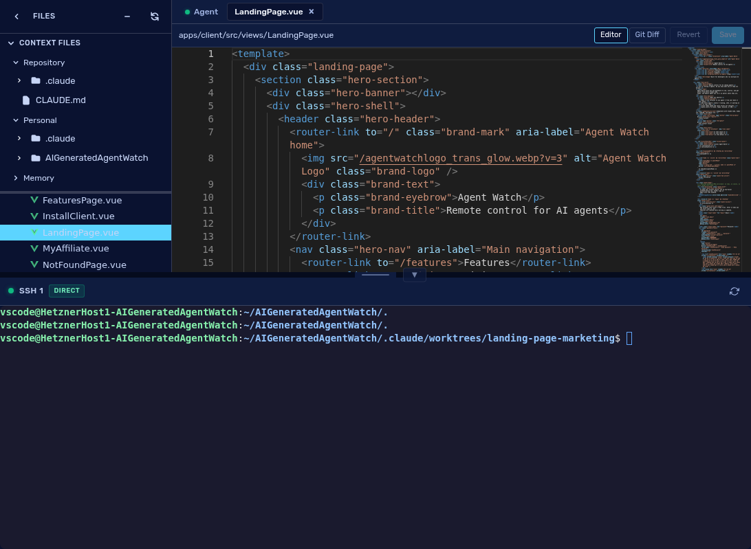 Split workspace with terminal, file tree, and editor